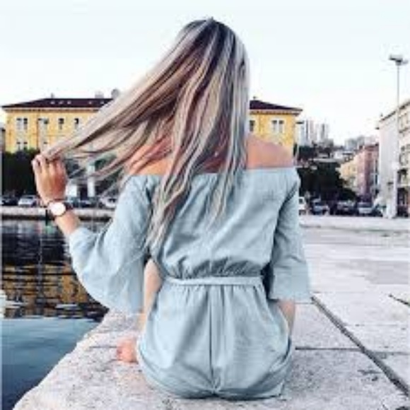 Flare 1/2 sleeve off shoulder belted mini romper - Picture 6 of 8